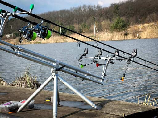 Ловля коропа ранньою весною у холодній воді, вудилища на родподі біля водойми.